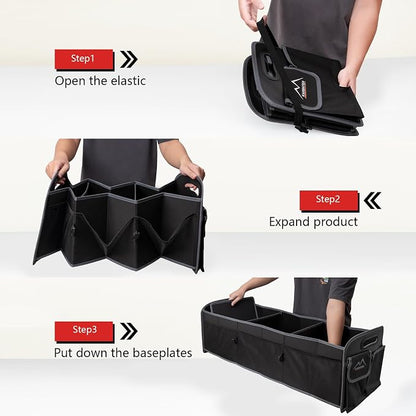 M KARMATER Car Trunk Organizer,Machine Washable PP Materials 3 Compartments Car Storage,95L Waterproof Polyester Cars Accessories Organizer and 6 Pockets, Suitable for SUV, Minivan, Truck(Black)
