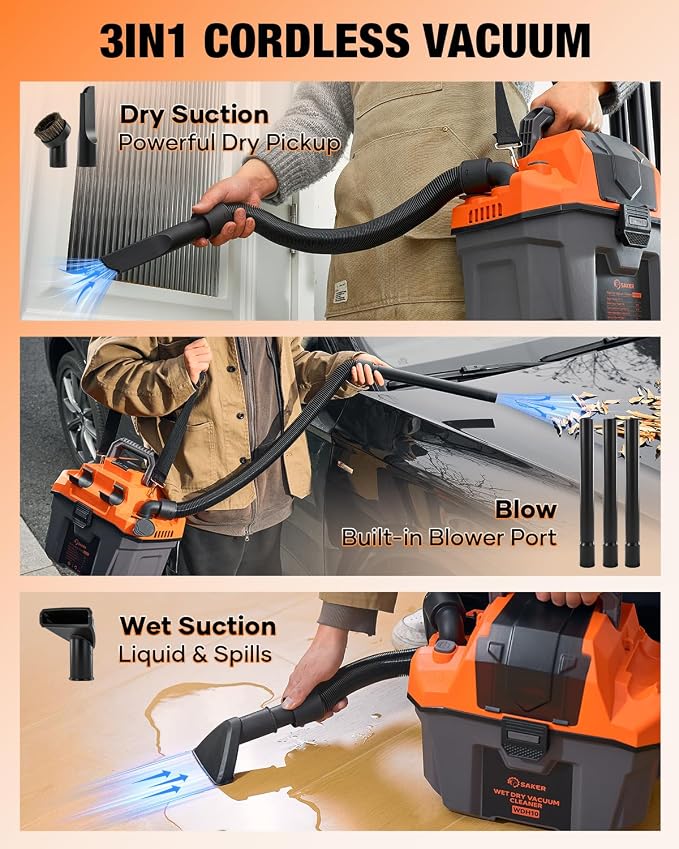 Saker Cordless Wet and Dry Shop Vacuum 17kPa 2.6 Gallon Portable Shop Vacuum Cleaner with Storage Rack, 2×4.0Ah Batteries, Strap, HEPA Filter, 3-in-1 Small Shop Vac for Car, Garage, Workshop