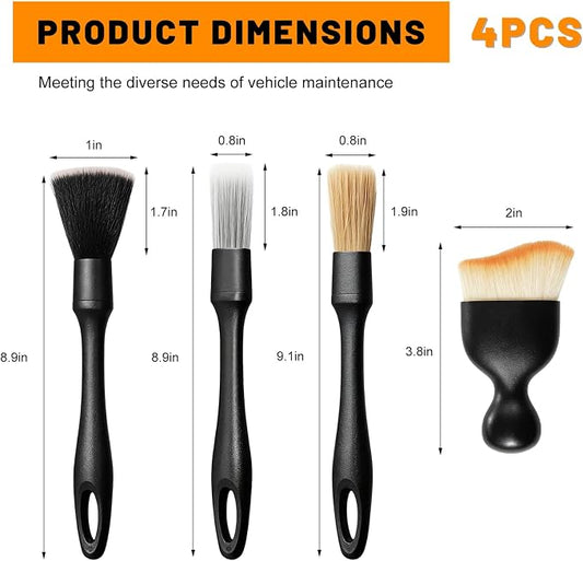 4PCS Car Detailing Brush Kit, Auto Cleaning Kit Includes Vent Cleaner & 3 Ultra Soft No Scratch Boar Hair Brushes, Multi-Use Interior & Exterior Detailing Brush for Most Cars