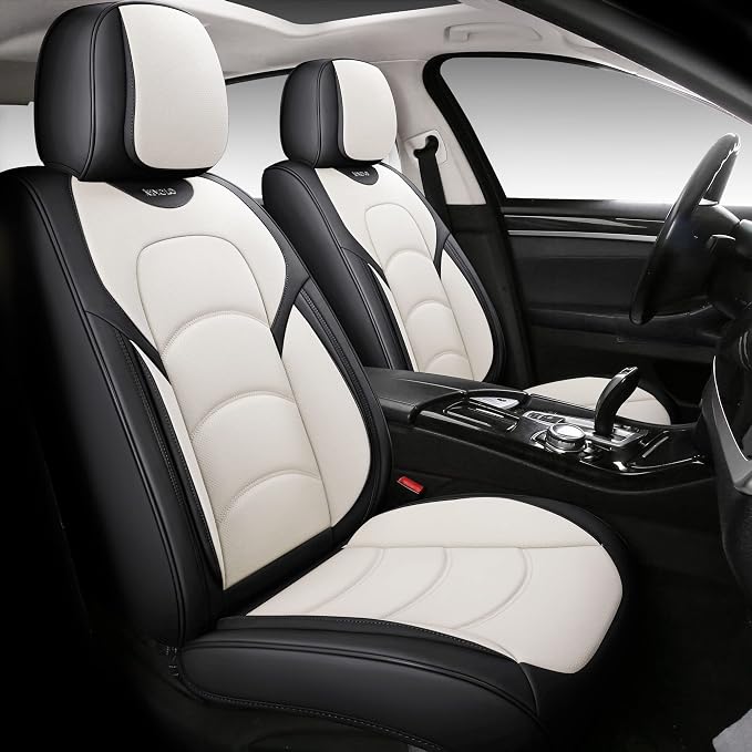 NS YOLO Full Coverage Car Seat Covers Universal Fit for Cars SUVs Pick-up Trucks with Waterproof Leatherette in Automotive Vehicle Interior Accessories (Black and White, Full Set)