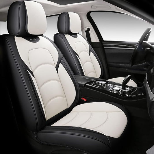 NS YOLO Full Coverage Car Seat Covers Universal Fit for Cars SUVs Pick-up Trucks with Waterproof Leatherette in Automotive Vehicle Interior Accessories (Black and White, Full Set)