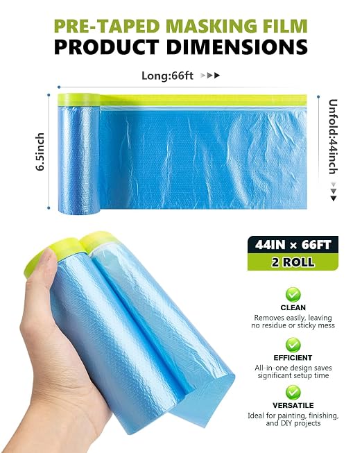 Pre-Taped Masking Film for Painting(2 Roll) - 44" x 66'Painters Plastic Sheeting with Tape and Drape, Painters Drop Cloth for Automotive & Home, Cover for Walls/Floors/Windows/Cars Protection