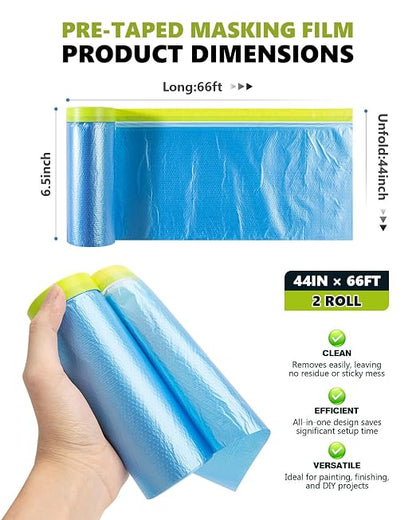 Pre-Taped Masking Film for Painting(2 Roll) - 44" x 66'Painters Plastic Sheeting with Tape and Drape, Painters Drop Cloth for Automotive & Home, Cover for Walls/Floors/Windows/Cars Protection