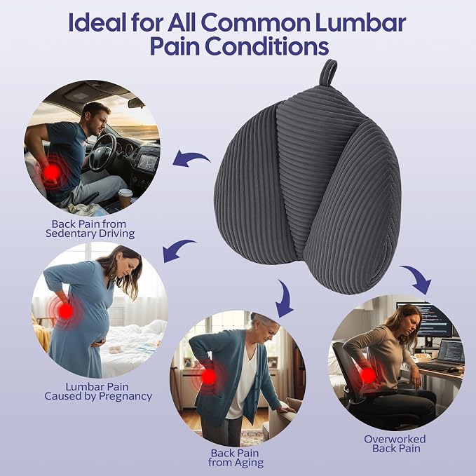 Lumbar Support Pillow for Couch, Back Support Pillow for Office Chair, Heart-Shape Back Cushion with Shredded Foam for Back Pain Relief & Reading, Lumbar Cushions for Recliner, Car, Grey