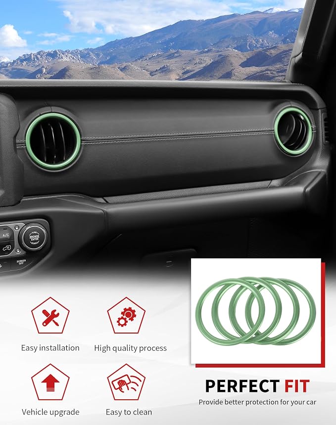 JWWY JL AC Air Vent Trim Rings & Dashboard Headlight Switch Decor Switch Knob Cover Kit Fit for 2018-2023 Jeep Wrangler JL JLU Interior Accessories, Aluminum Alloy 8PCS Green