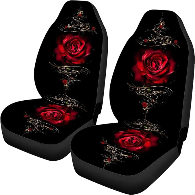 Red Rose Car Seat Covers Full Set,Vintage Floral Decorative Flower Print Vehicle Front Rear Bench Cushion Protectors for Women Men Auto Interior Accessories Universal Fit for Trucks Sedans