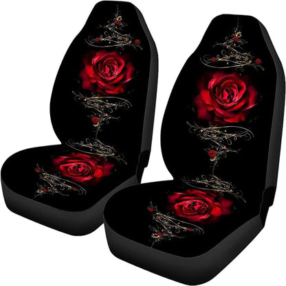 Red Rose Car Seat Covers Full Set,Vintage Floral Decorative Flower Print Vehicle Front Rear Bench Cushion Protectors for Women Men Auto Interior Accessories Universal Fit for Trucks Sedans