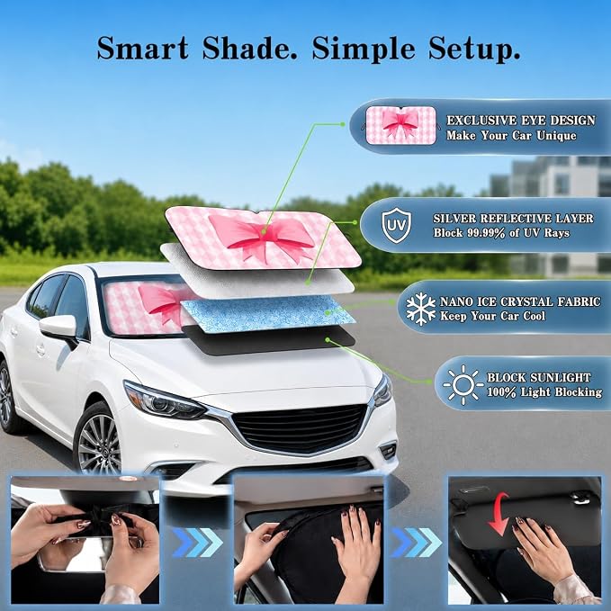 Pink Bow Car Windshield Sun Shade for Women, Cute Front Window Sunshade for Small Cars, Girly Pink Plaid Car Accessories for Sedan Compact Car - 59 x 27.5
