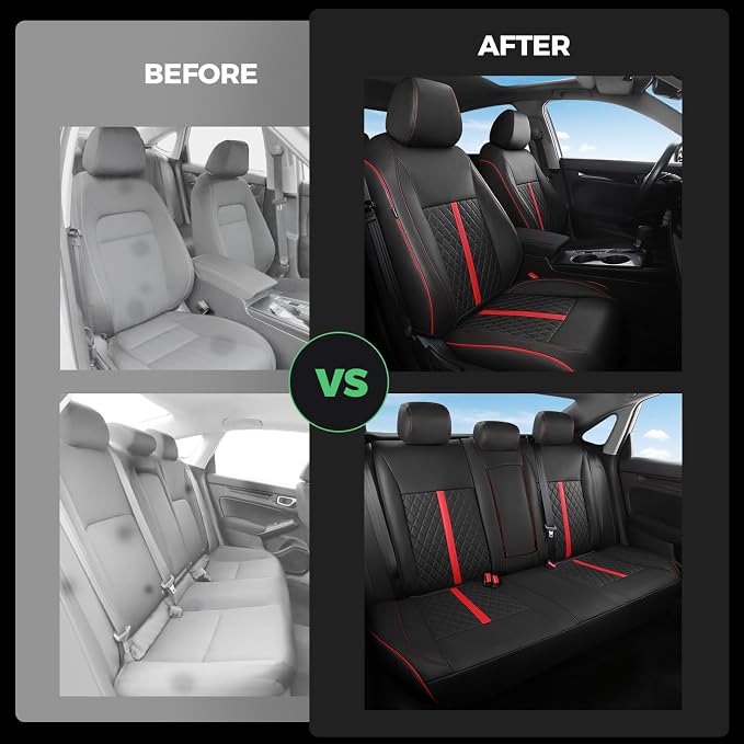 for Honda Civic Leather Seat Covers, Hatchback EX-L Sport Touring 2022-2026, Custom Fit Car Seat Cover Full Set, Waterproof Accessories, Black Red (60/40 Split Benches-with Rear Armrest)