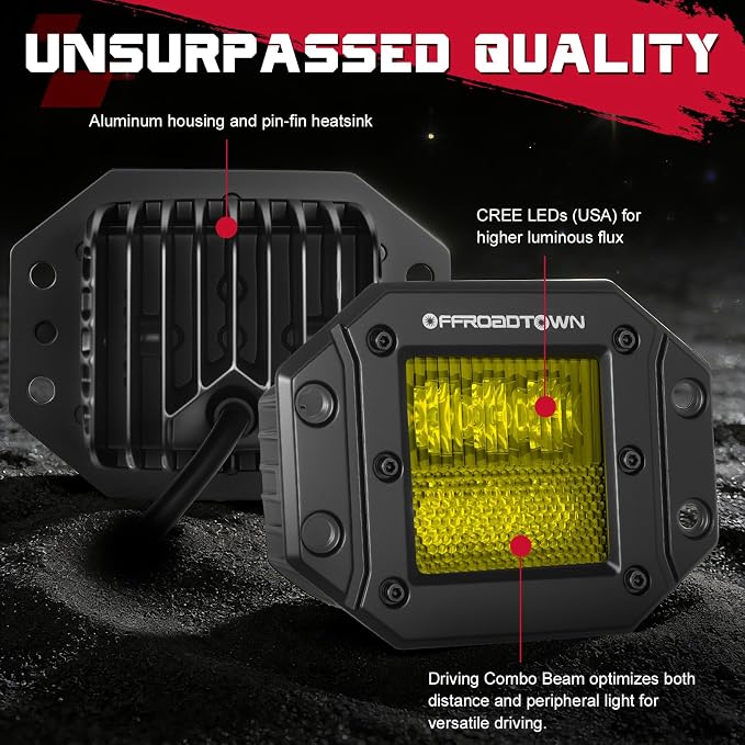 Flush Mount LED Pods Amber, OFFROADTOWN 5'' 12,000LM CREE LED Driving Lights Yellow Fog Light Backup Chase Lights Off Road Flush Bumper Light Bar for Truck Pickup UTV ATV Boat 4x4 Car - Driving Combo