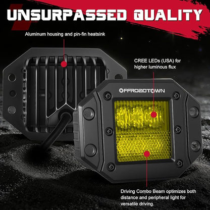 Flush Mount LED Pods Amber, OFFROADTOWN 5'' 12,000LM CREE LED Driving Lights Yellow Fog Light Backup Chase Lights Off Road Flush Bumper Light Bar for Truck Pickup UTV ATV Boat 4x4 Car - Driving Combo