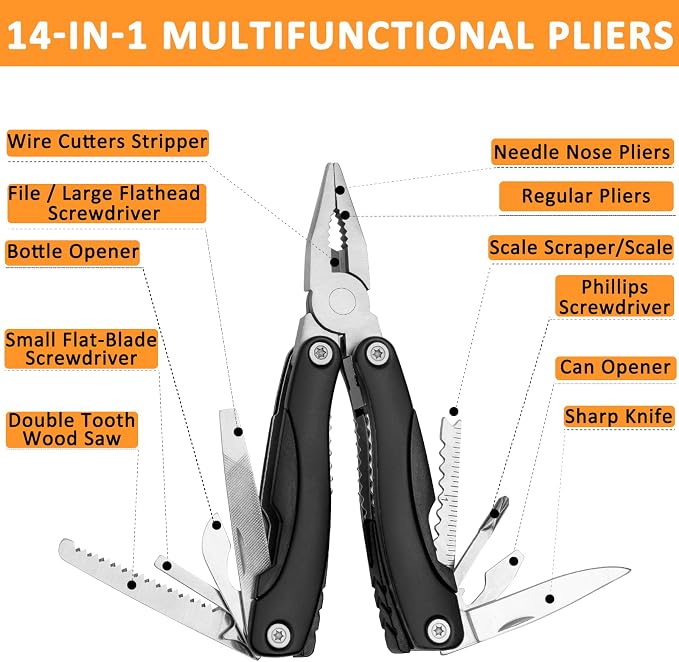 98 PCS Roadside Car Emergency Assistance Kit with Portable Air Compressor Jumper Cables Safety Hammer All in One Pliers Tool Set（Black）