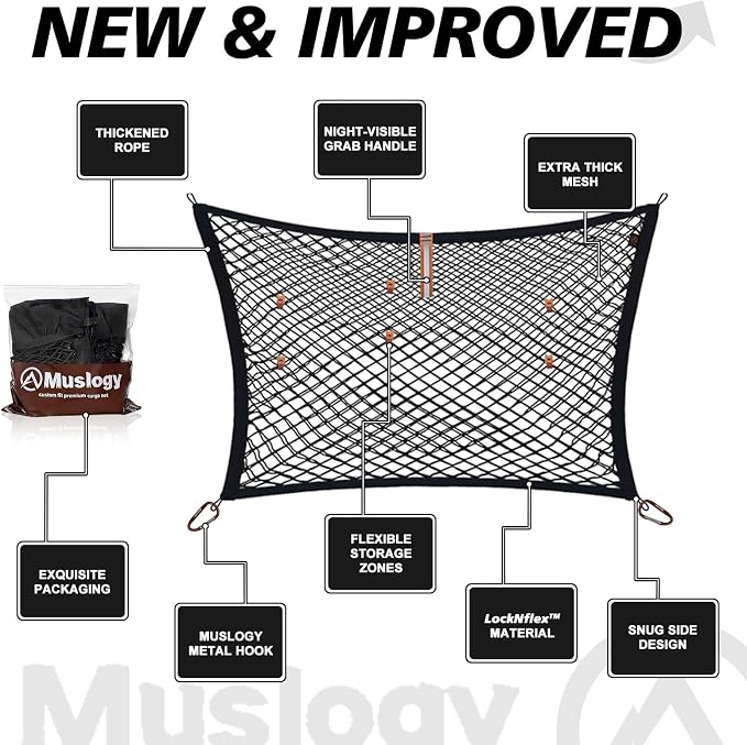 Muslogy Truck Bed Cargo Net Trunk Netting Compatible with 2021-2025 2026 Toyota Sienna Accessories, Pickup Cargo Organizer SUV Sedan Storage Net w/Heavy Duty Carabiners