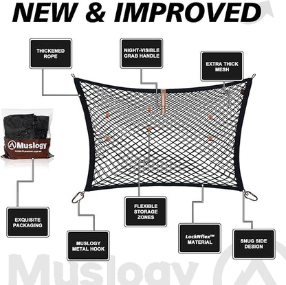 Muslogy Truck Bed Cargo Net Trunk Netting Compatible with 2021-2025 2026 Toyota Sienna Accessories, Pickup Cargo Organizer SUV Sedan Storage Net w/Heavy Duty Carabiners