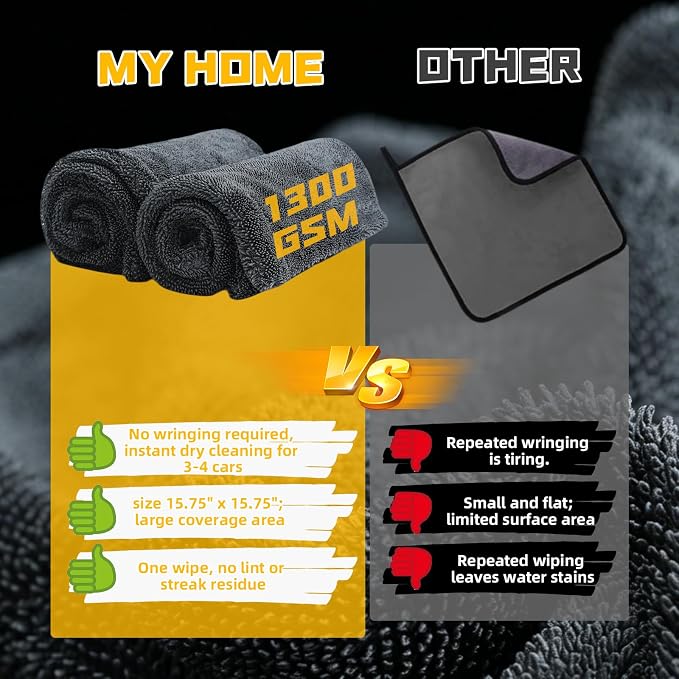 2-Pack Double-Twist Pile Microfiber Towels for Cars 1300 GSM Car Drying Towels (15.75" x 15.75") Ultra Absorbent Microfiber Towel, Streak-Free & Scratch-Free Car Cleaning Supplies with Edgeless Design