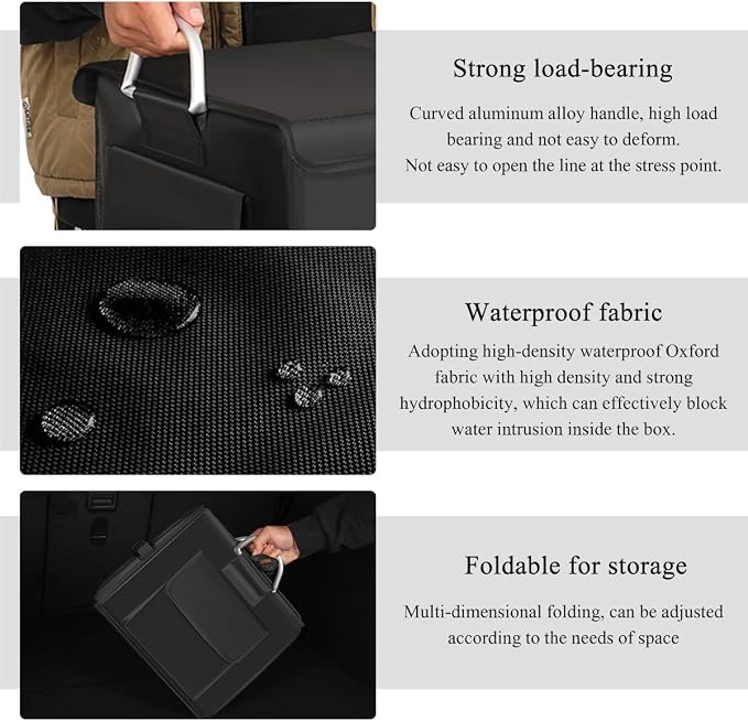 Trunk Organizer With Lid, Collapsible Waterproof Oxford Car Organizer with Aluminum Handle Base Plate, 2-Compartment 28L Sturdy Trunk Cargo Storage Organizer for RV SUV Truck (Black)