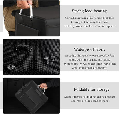 Trunk Organizer With Lid, Collapsible Waterproof Oxford Car Organizer with Aluminum Handle Base Plate, 2-Compartment 28L Sturdy Trunk Cargo Storage Organizer for RV SUV Truck (Black)