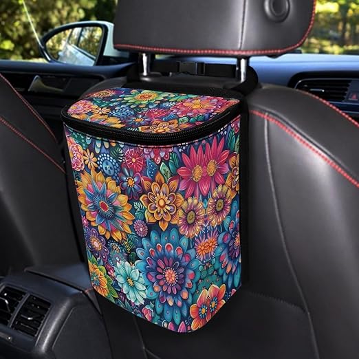 BIGCARJOB Blossom Lotus Car Trash Bag for Back Seat,Boho Lotus Floral Car Trash Can with Lid Portable Travel Car Trash Bag Holder Vehicle Trash Can for SUV Truck Van