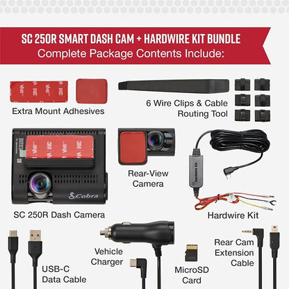 Cobra SC 250R Smart Dash Cam + Cobra 2.5A Micro USB Adapter Hardwire Kit