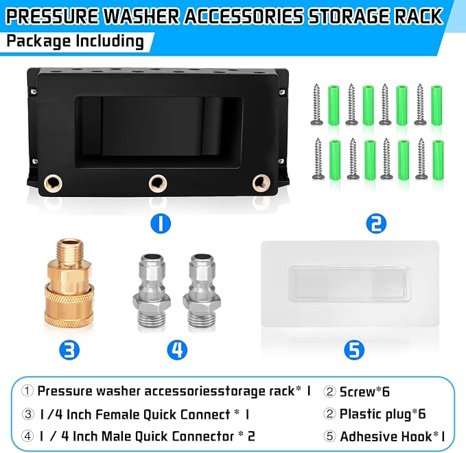 Boltigen Wall Mounted Pressure Washer Gun Holder, Foam Cannon Organize Holder, Car Wash Power Washer Tip and Extension Wand Holder, 1/4'' Quick Connect Pressure Washer Accessories Storage Rack