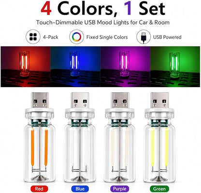 4PCS Dimmable USB Touch Control Led Night Lights, Glass Plug in USB Light Bulbs, Cute Interior Car Lights, Retro Led Ambient Lighting, Small Mood Lamp for Bedroom, Hallway, Nursery, Camping