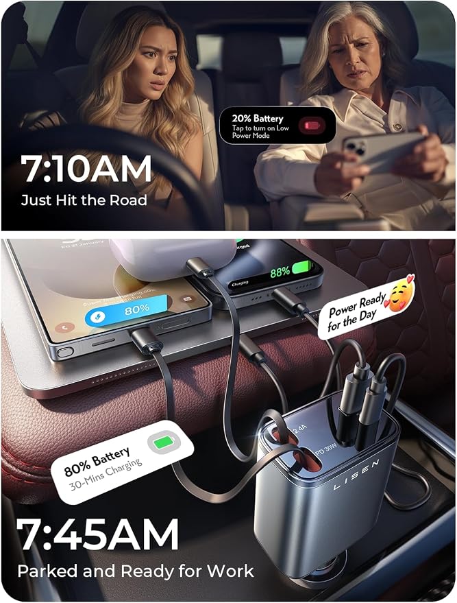 LISEN Retractable Car Charger 4 in 1 for Cars, 69W Retractable USB C Car Charger with 31.5in Cable, Fast Charging for iPhone 17 16 15 14 13 12 Pro Max Plus, Compact Cars Accessories for Daily Driving | Multiple Ports Car Charger, Retractable Car Charge...