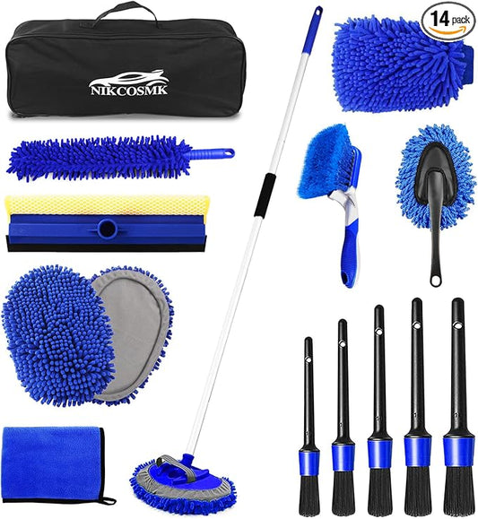 62'' Car Wash Brush Kit Mitt Mop Sponge with Long Handle, 1 Chenille Scratch-Free Replacement Head, Windshield Window Squeegee,Car Duster,Car Detailing Brushes,Tower,Car Cleaning Kit for Cars RV Truck