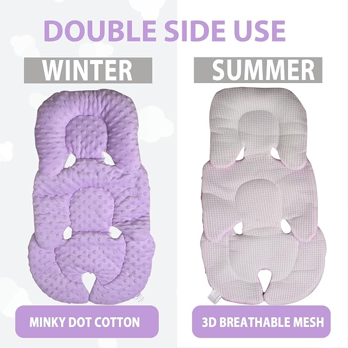 Infant Carseat Insert, 2-in-1 Reversible Baby Car Seat Cushion for Newborn Toddler Head & Body Support Car Seat Pad for Carseats, Strollers, Swings, Bouncers(Purple)