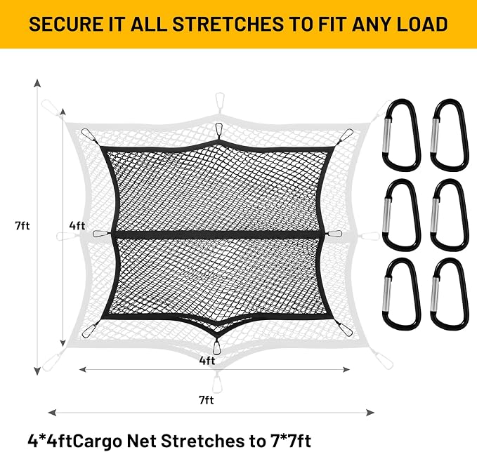 Cargo Net for Pickup Truck Bed-4'x4' Stretch to 7'x7' Highly Elastic Cargo Net,Simple Truck Bed Cargo Mesh Organizer with 6 Adjustable Buckle Straps for Trailer, Ford, Chevrolet(Double Layer)