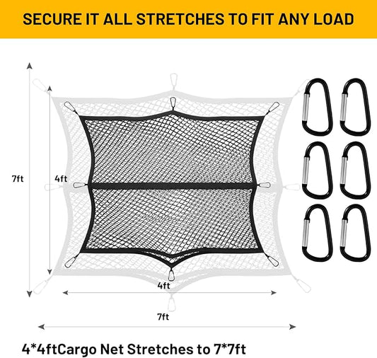 Cargo Net for Pickup Truck Bed-4'x4' Stretch to 7'x7' Highly Elastic Cargo Net,Simple Truck Bed Cargo Mesh Organizer with 6 Adjustable Buckle Straps for Trailer, Ford, Chevrolet(Double Layer)