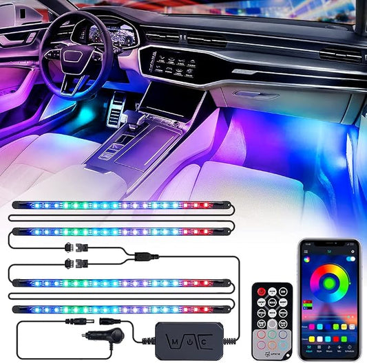 Xprite Dreamcolor LED Neon Car Interior Bluetooth Lights Strip with Remote & APP Control, Footwell Under Dash RGB Chasing Inside Light Kits, Cigarette Adapter for Vehicle Internal Trucks SUV UTV ATV