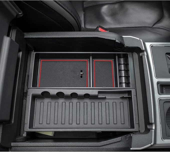 JDMCAR Compatible with Ford F150 Accessories (2015-2020) /F250 F350 F450 (2017-2022) / Expedition 2018-2022 Center Console Organizer, ABS Material Insert Tray Storage Box- (Bucket Seats ONLY)- Red