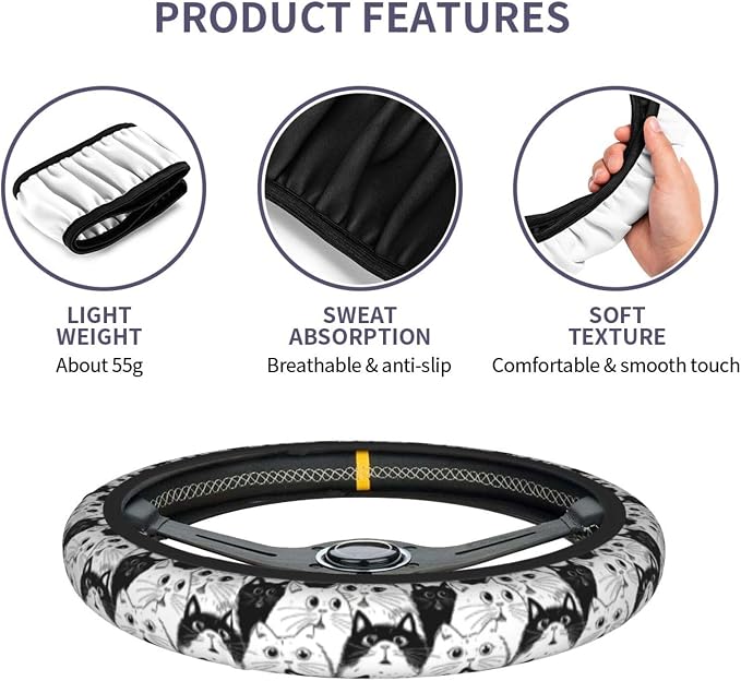 Cat Steering Wheel Covers Non Slip Neoprene Universal 15 Inch Steering Wheel Protector Car Cover for Men Women