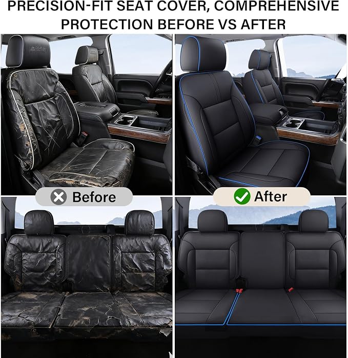 Coverado Silverado Seat Covers Full Set, Faux Leather Car Seat Covers Fit for Chevy Silverado GMC Sierra 2007-2013 & 2019-2026 1500, 2020-2026 2500HD 3500HD Crew Double Extended Cab(Blueline)