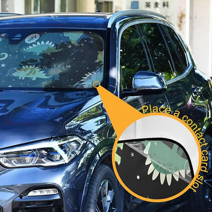 Dinosaur Windshield Sun Shade Blocks UV Rays Green Dino Visor Protector Accordion Folding Galaxy Black Sun Reflector Auto Sunshade for Car Truck SUV to Keep Your Vehicle Cool