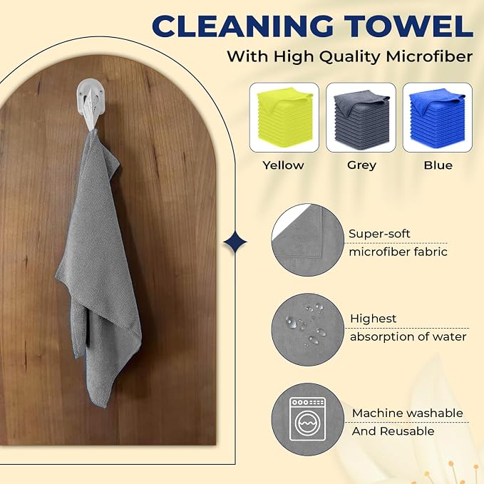SAIU Microfiber Cleaning Cloths 16x16 in Grey/Blue/Yellow Higher Absorency 12 Pack, Car Washing Cloth Dry Dust Polish Multiple Uses