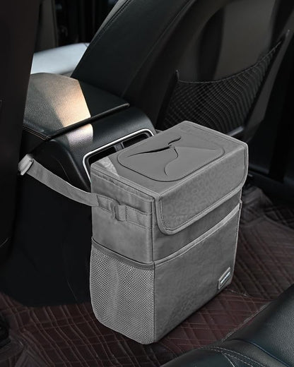 SIBOFUEGO Car Trash Can Cute - Car Accessory for Garbage and Storage, Adjustable and Collapsible Car Garbage Can, Waterproof and 100% Leak-Proof Car Trash Bin with Lid, 2 Gallons (Leopard-Print Gray)