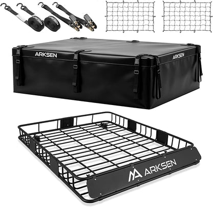 ARKSEN 64 x 50 x 6 Inch Universal Extra Wide 150LB Heavy Duty Roof Rack with 500D PVC Waterproof Cargo Bag, Nylon Cargo Nets, Ratchet Straps,Car Top Luggage Holder Carrier Basket for SUV, Truck