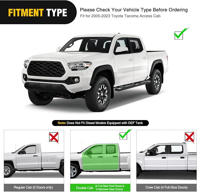 Nilight Running Boards for 2005-2023 Toyota Tacoma Double Cab 2 Full-Size Door & 2 Half-Size Door 6 Inch Side Step Nerf Bars Stainless Steel Black