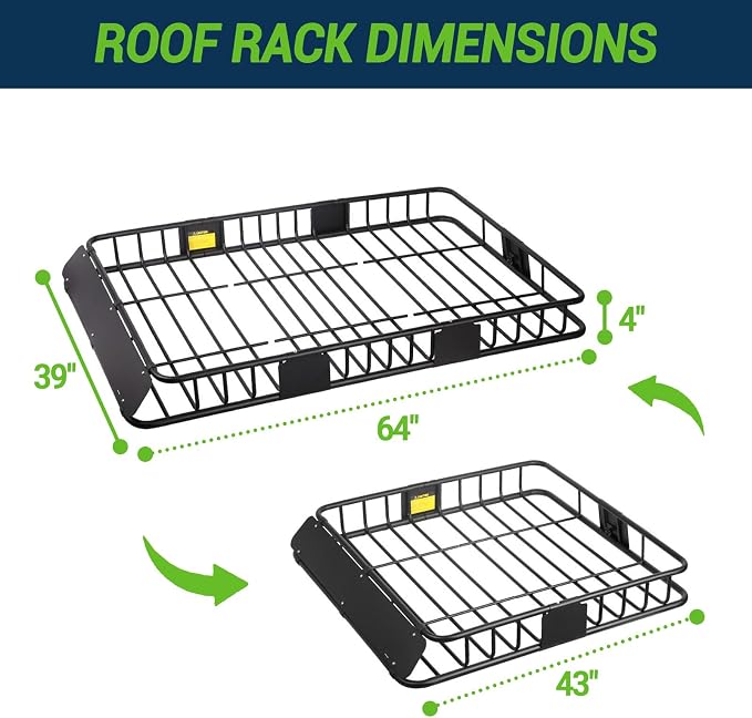Season Guard Roof Rack Cargo Carrier Basket, 64" x 39" x 4" Heavy Duty Steel Rooftop Luggage Rack with Extension & Wind Fairing, Universal Car Top Storage for SUV, Truck, Jeep, Van, Camping Travel