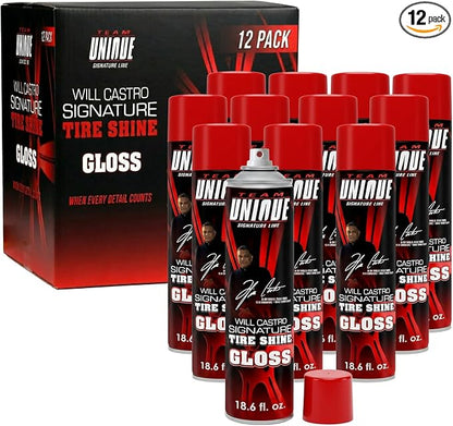 TEAM UNIQUE Tire Shine Gloss – 18.6 fl oz (Pack of 12) | High-Gloss Tire Shine Spray | UV Protection Against Cracking & Fading | Non-Greasy, Low-Sling Formula for Cars, Trucks & SUVs