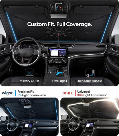 Wigoo Windshield Sun Shade Umbrella for Jeep Grand Cherokee 2011-2026 [100% Sun Blockage, Ice Cooling Fabric] Foldable Front Window Sunshade Umbrella for Jeep Grand Cherokee 2011-2026