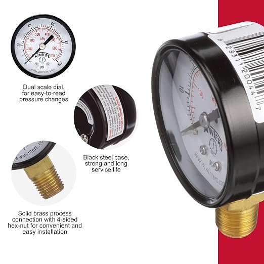 Winters 2 inch Dial Size, Multi Function Economy Utility Dry Pressure Gauge, Brass Internals, Black Steel Case, Dual Scale 0-100 psi/kPa, 3-2-3% Accuracy, 1/4 inch NPT Bottom Mount, Pressure Gauge