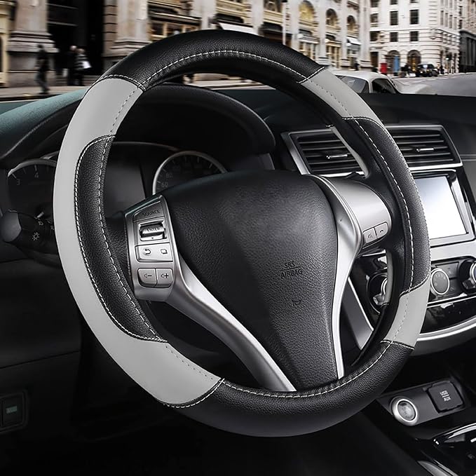 Leather Car Steering Wheel Cover, Non-Slip Car Wheel Cover Protector Breathable Microfiber Leather Universal Fit for Most Cars(Grey)