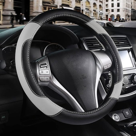 Leather Car Steering Wheel Cover, Non-Slip Car Wheel Cover Protector Breathable Microfiber Leather Universal Fit for Most Cars(Grey)