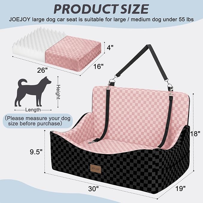 JOEJOY Dog Car Seat for Medium/Large Dogs - Reversible Dual-Sided Travel Dog Car Bed with Memory Foam, Washable Pet Booster Seat for Dogs up to 55 lbs or 2 Small Dogs, 2 Safety Leashes, Pink