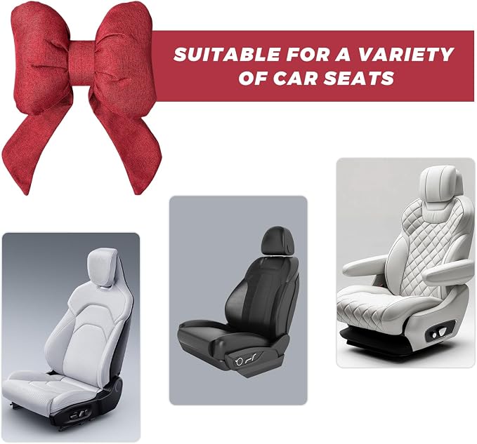 Cute Bow Car Headrest Pillow, Soft Comfortable Bow Auto Seat Pillow with Adjustable Strap, Breathable Ergonomic Neck Support Cushion Bowtie Decoration for Most Vehicles (Red)