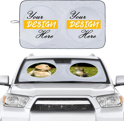 Custom Car Windshield Sun Shade, Personalized Foldable Front Window Sun Visor Protector Shield with Your Customized Photo Text Logo Design, Fits Most Sedans, SUVs, Vans, MPV, Trucks (Small)