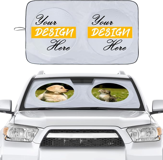 Custom Car Windshield Sun Shade, Personalized Foldable Front Window Sun Visor Protector Shield with Your Customized Photo Text Logo Design, Fits Most Sedans, SUVs, Vans, MPV, Trucks (Medium)