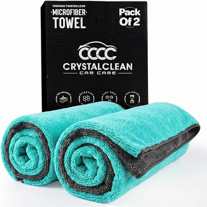Crystal Clean 1300GSM Microfiber Towels for Cars – XL Drying Towel with Double Twisted Loop, Professional Detailing Towel Car Detailers - Quick Dry, Paint Safe & Swirl-Free (2 Pack Green)